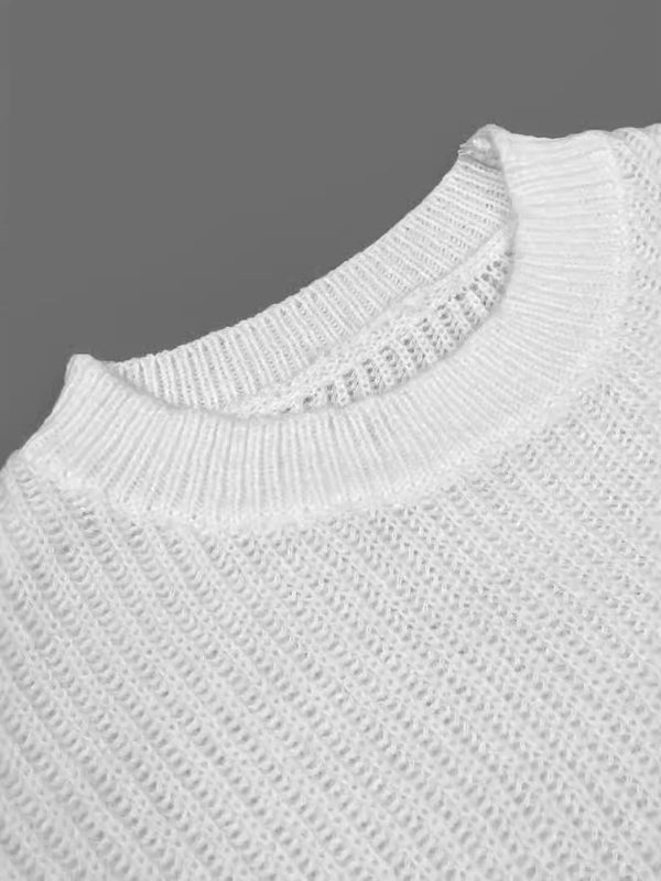 Buttoned Solid Color Split-Joint Long Sleeves Loose Round-Neck Sweater Tops Pullovers