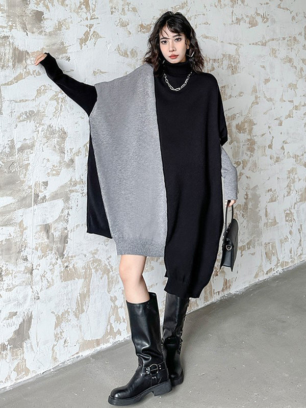 Asymmetric Contrast Color Split-Joint Batwing Sleeves Hipster High-neck Sweater Dresses Midi Dresses