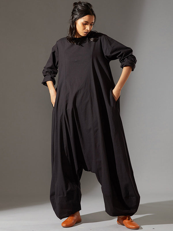 Casual Loose Long Sleeves Solid Color Boat Neck Jumpsuits