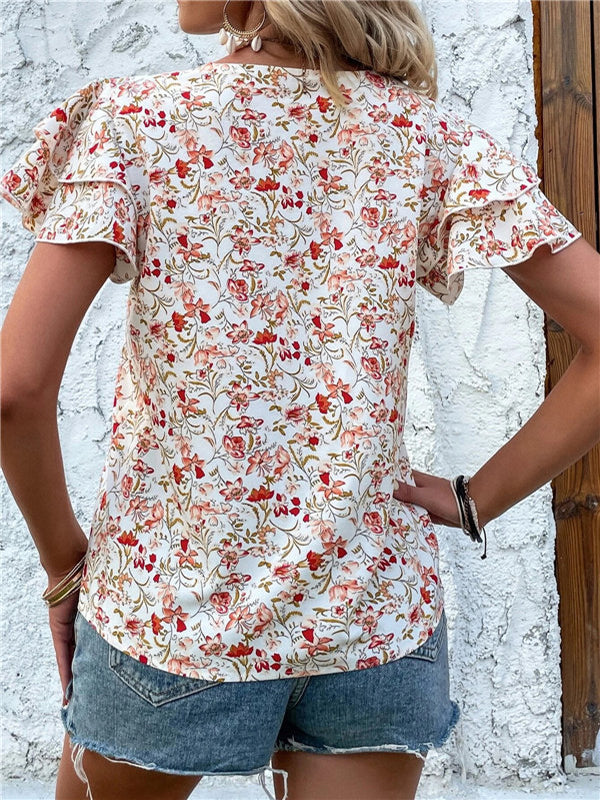 Falbala Floral Printed Split-Joint Loose Petal Sleeves V-Neck T-Shirts Tops
