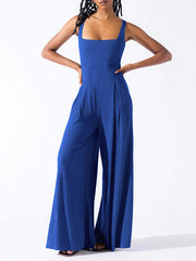 Pleated Solid Color Loose Sleeveless Spaghetti-Neck Jumpsuits
