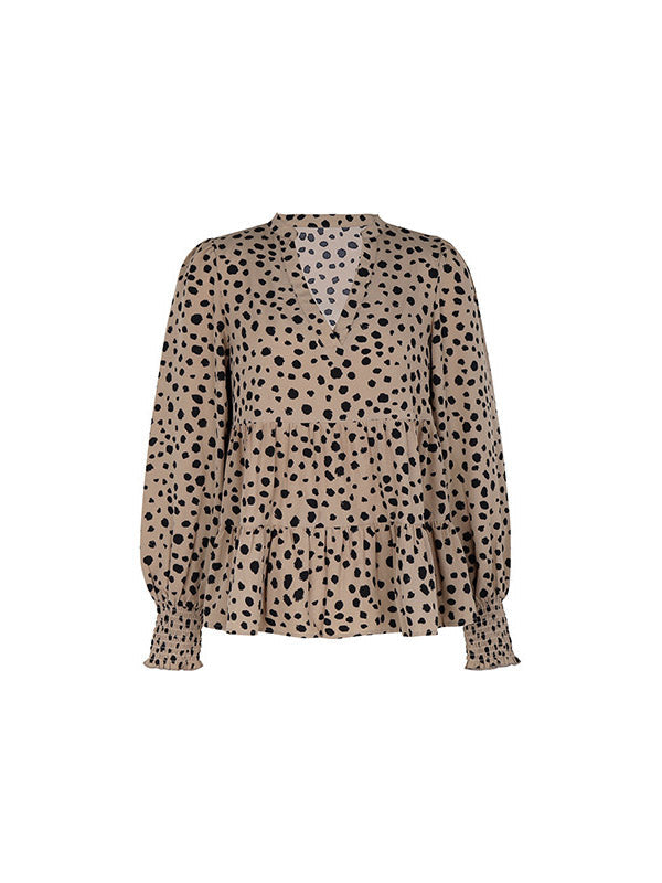 Elasticity Polka-Dot Split-Joint Long Sleeves Loose V-Neck Blouses&Shirts Tops