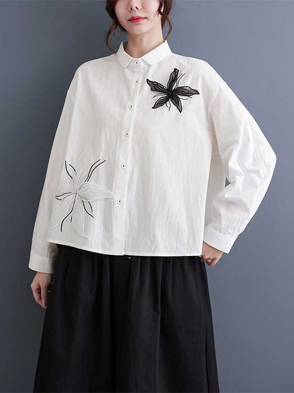 Applique Buttoned Embroidered Long Sleeves Loose Lapel Blouses&Shirts Tops