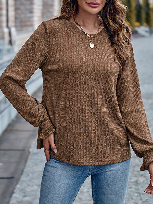 Elasticity Ruffled Solid Color Long Sleeves Loose Round-Neck T-Shirts Tops