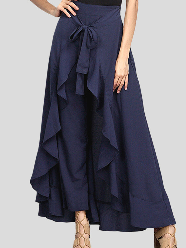 Ruffle Trim Solid Color Split-Joint Tied Waist Zipper Loose Culotte