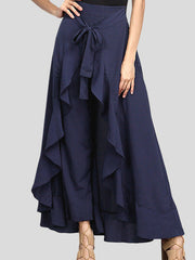 Ruffle Trim Solid Color Split-Joint Tied Waist Zipper Loose Culotte