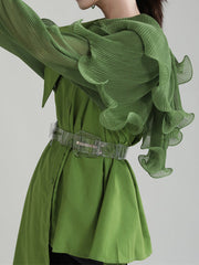 Asymmetric Pleated Solid Color Split-Joint Falbala Long Sleeves Loose Lapel Blouses&shirts Tops