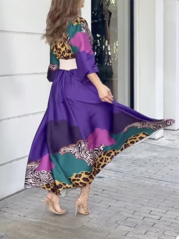 Leopard Long Sleeves Loose V-neck Maxi Dresses