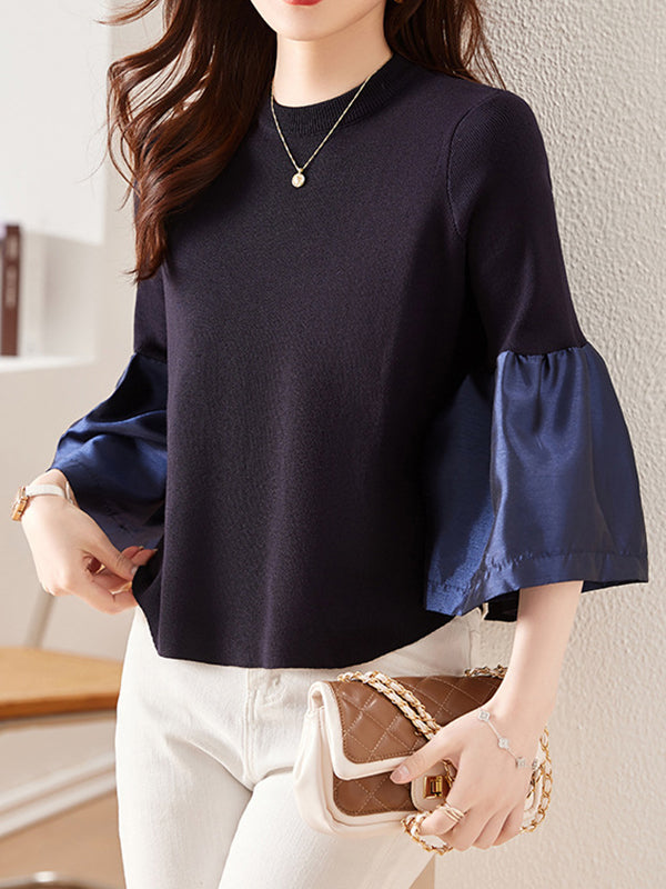 Pleated Split-Joint Flared Sleeves Long Sleeves Round-neck T-Shirts Tops