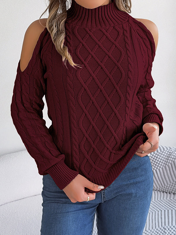 Hollow Solid Color Long Sleeves Loose Cold Shoulder Sweater Tops Pullovers
