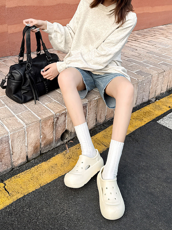 Hollow Round Cut Solid Color Sandals Platform Shoes Crocs