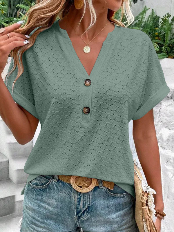Buttoned Jacquard Split-Joint Loose Plus Size V-Neck T-Shirts Tops