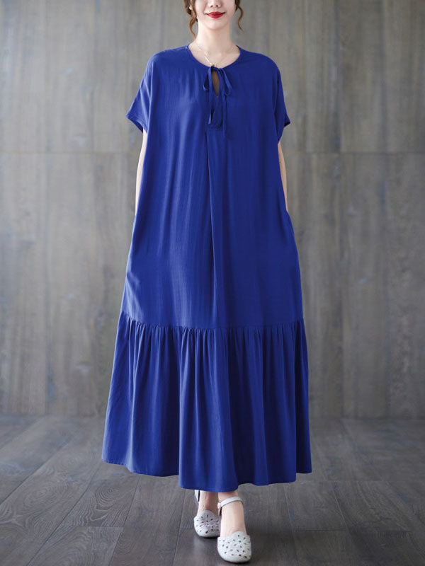 Lace-Up Pleated Solid Color Split-Joint Loose Short Sleeves Round-Neck Midi Dresses