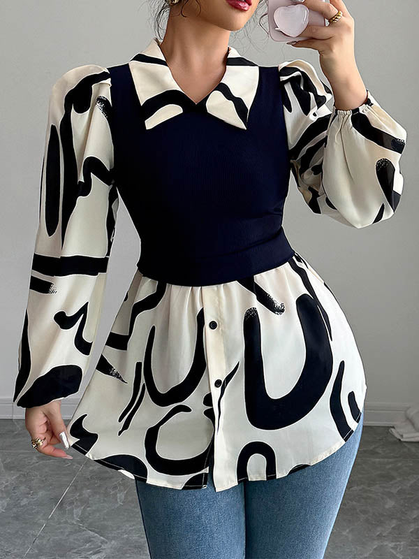 Buttoned Contrast Color Pleated Split-Joint Long Sleeves Loose Lapel Blouses&Shirts Tops