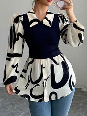 Buttoned Contrast Color Pleated Split-Joint Long Sleeves Loose Lapel Blouses&Shirts Tops