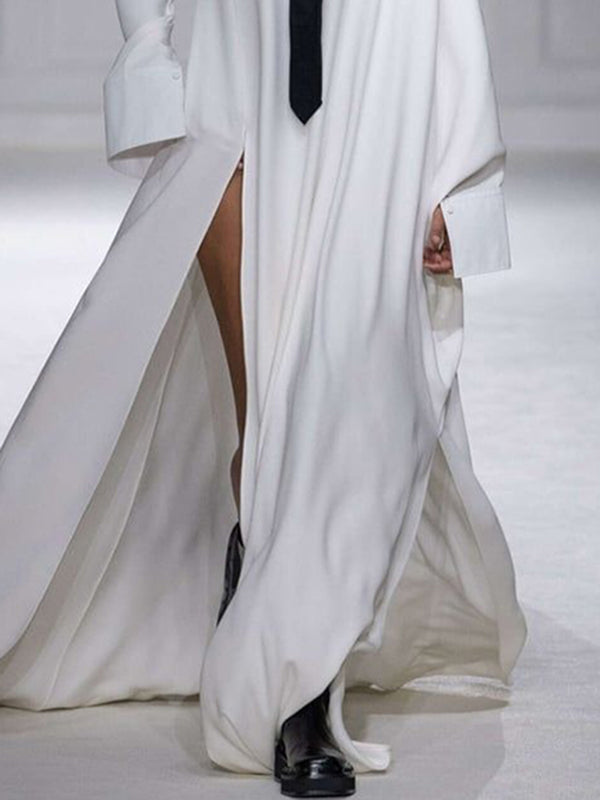 Long Sleeves Loose With Necktie Split-Joint Split-side Lapel Maxi Dresses Shirt Dress