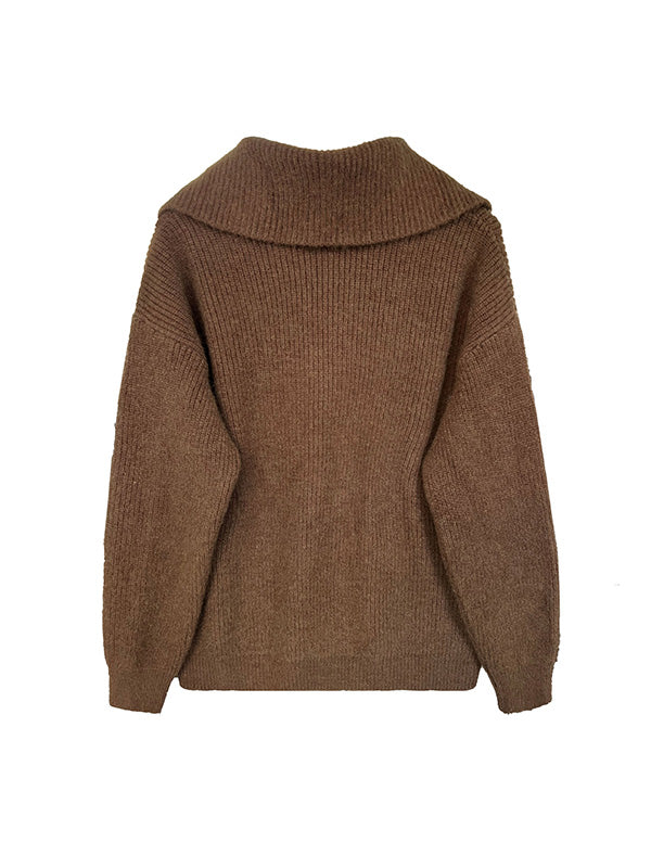 Solid Color Zipper Long Sleeves Loose Lapel Cardigan Tops