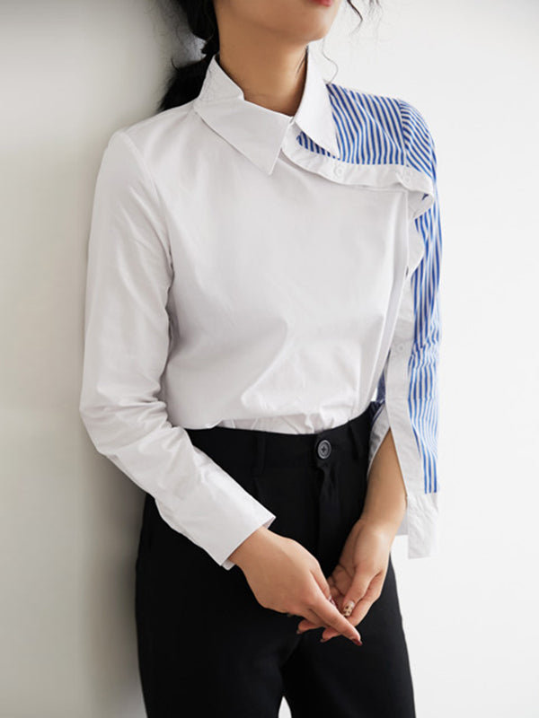 Long Sleeves Irregularity Striped Solid Contrast Color Lapel Collar Blouses