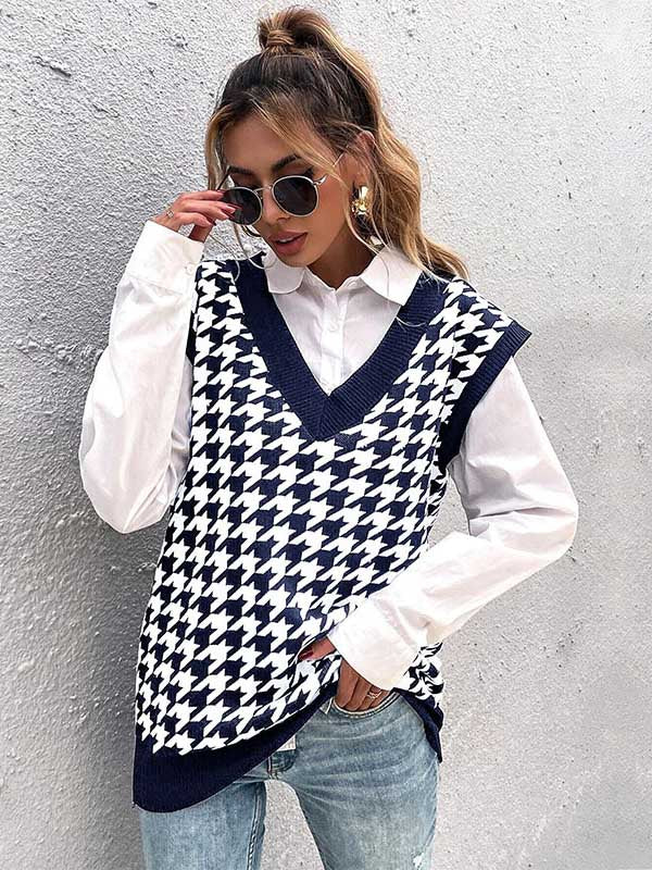 Vintage Loose Houndstooth V-Neck Vest Top
