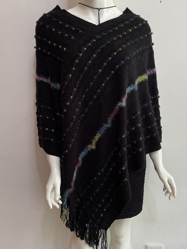 Asymmetric Contrast Color Tasseled Loose V-Neck Shawl&Cloak Cape