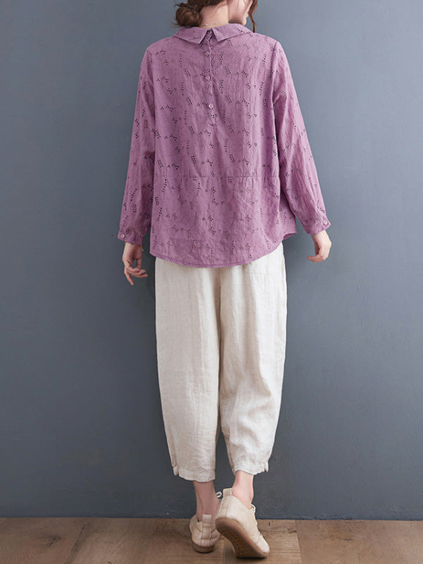 Loose 3 Colors Embroidered Hollow Lapel Collar Long Sleeves T-Shirt