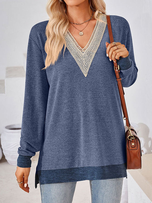 Hollow Split-Joint Split-Side Long Sleeves Loose V-Neck T-Shirts Tops
