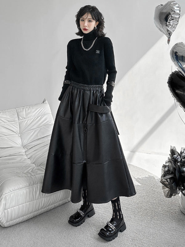 Solid Color Split-Joint Zipper A-Line Hipster Skirts Bottoms