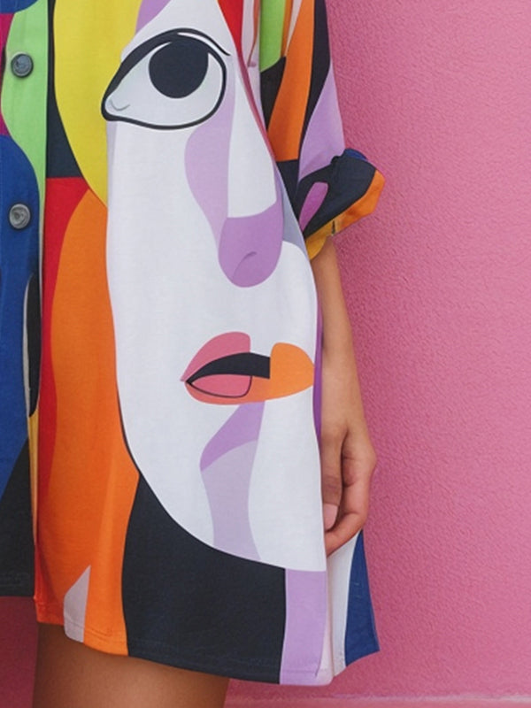 Abstract Printed Asymmetric Split-Joint Long Sleeves Loose Lapel Shirt Dress Mini Dresses