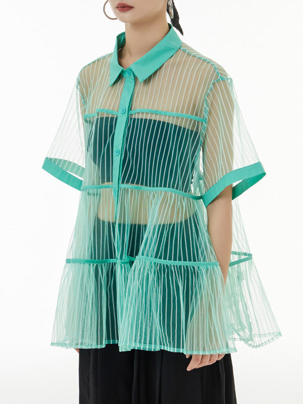 Original Short Sleeves Loose Buttoned Mesh Pleated Solid Color Blouses&Shirts Tops