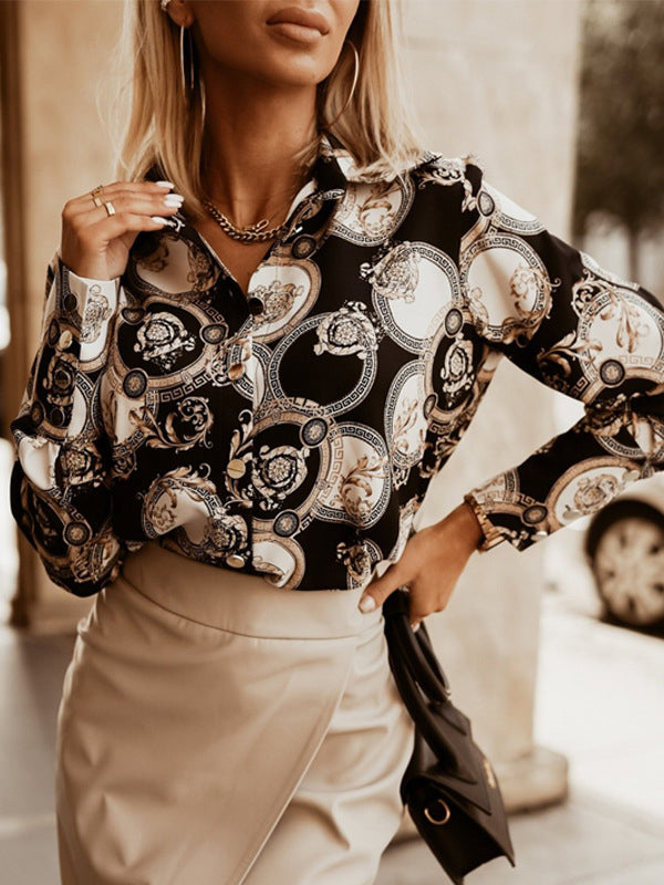 Contrast Color Printed Long Sleeves Loose Lapel Blouses