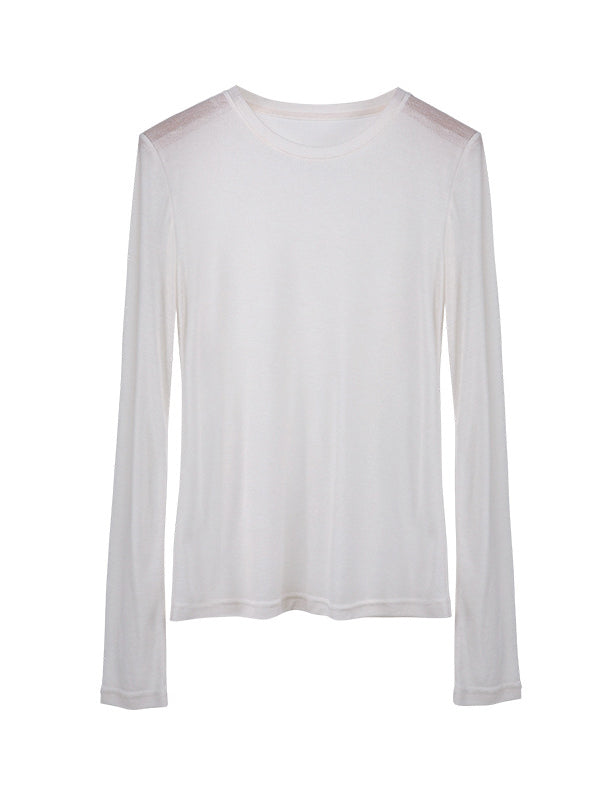 See-Through Solid Color Long Sleeves Skinny Round-Neck T-Shirts