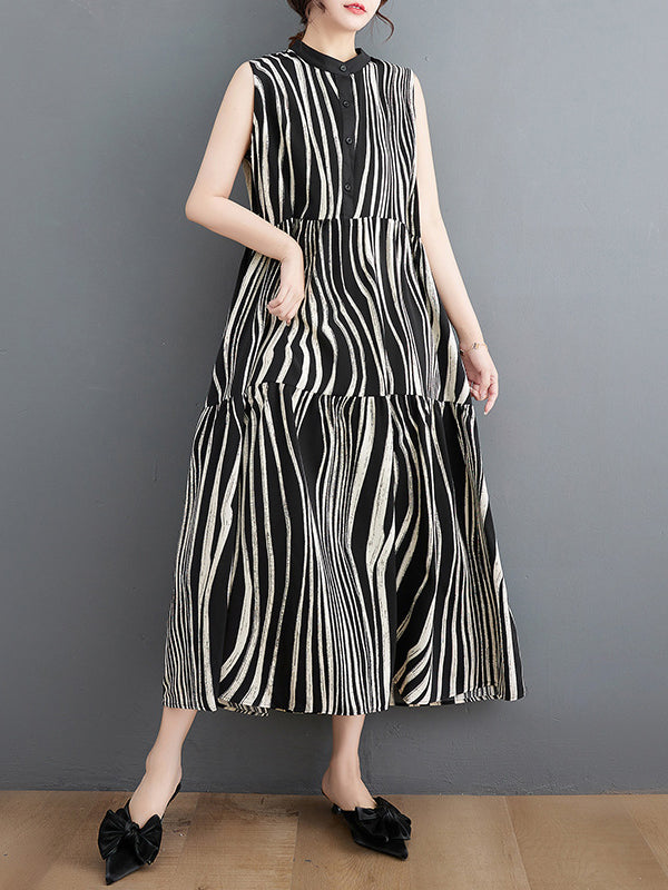 Striped Loose Sleeveless Stand Collar Midi Dresses