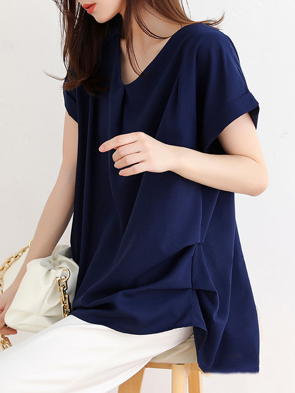 Back Pleated Solid Color Loose Short Sleeves Round-Neck T-Shirts Tops