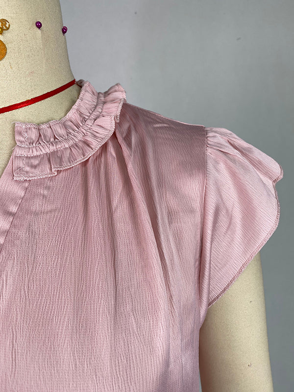 Pleated Solid Color Loose Ruffle Sleeves V-Neck T-Shirts Tops
