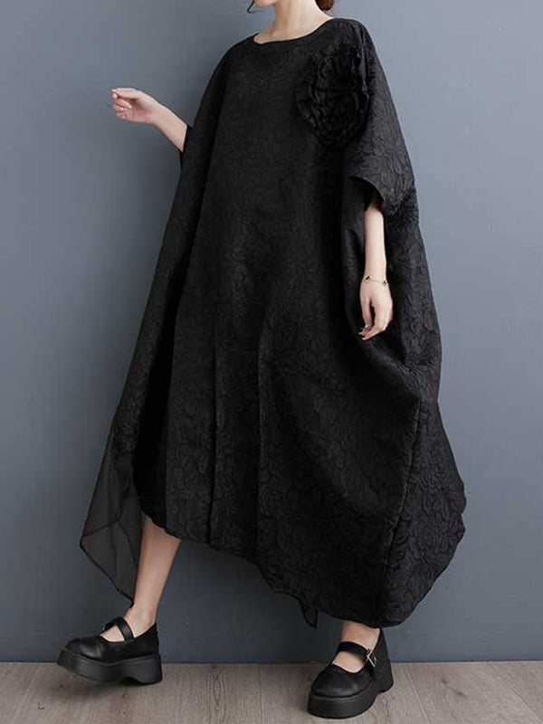 Asymmetric Flower Shape Gauze Jacquard Pleated Solid Color Split-Joint Batwing Sleeves Loose Round-Neck Midi Dresses