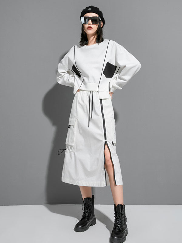 Original Creation Loose Batwing Sleeves Contrast Color Split-Joint Round-Neck Sweatshirt Tops