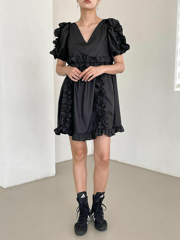 Ruffle Trim Split-Joint A-Line Loose V-Neck Mini Dresses