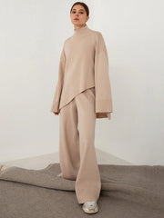Casual Solid Color Irregularity High-Neck Sweater& Wide Leg Pants Suits