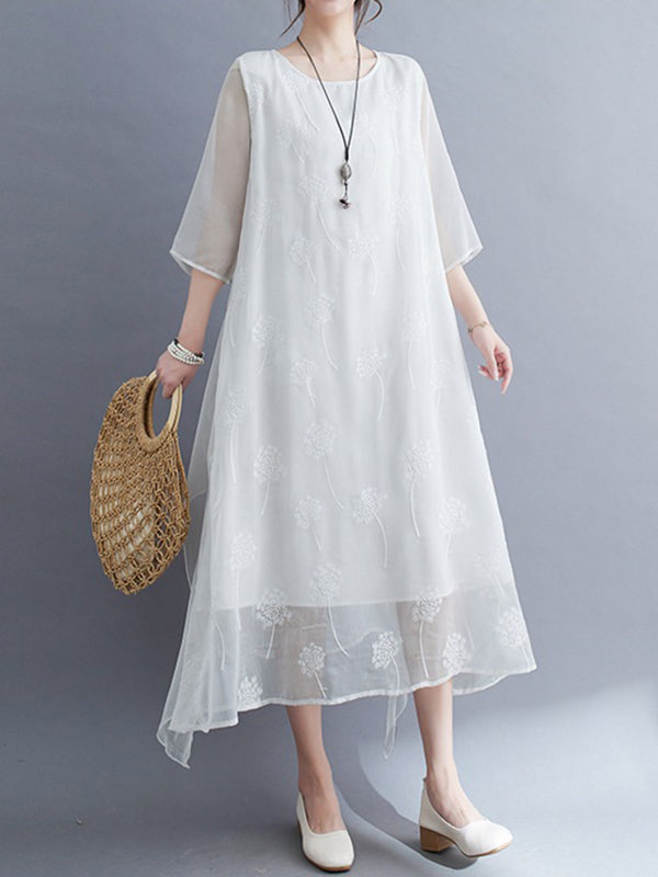 Gauze Split-Joint Loose Three-Quarter Sleeves Round-Neck Midi Dresses