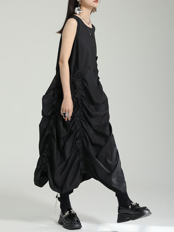 Solid Color Irregular clipping Loose Round-neck Midi Dresses