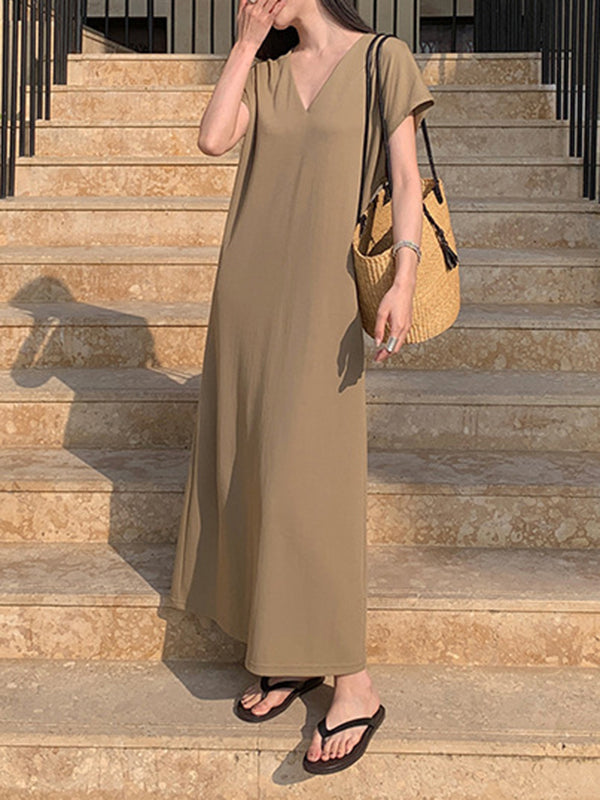 Solid Color Batwing Sleeves Loose V-neck Midi Dresses