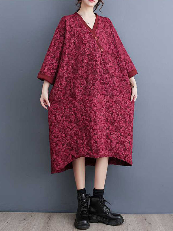 Asymmetric Buttoned Jacquard A-line Half Sleeves V-neck Midi Dresses