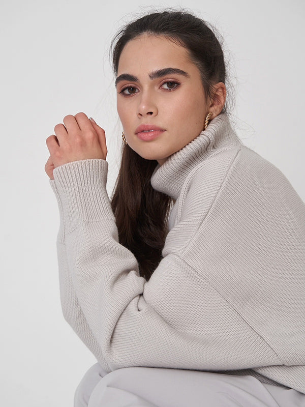 Casual Long Sleeves Loose Solid Color High-Neck Sweater Tops