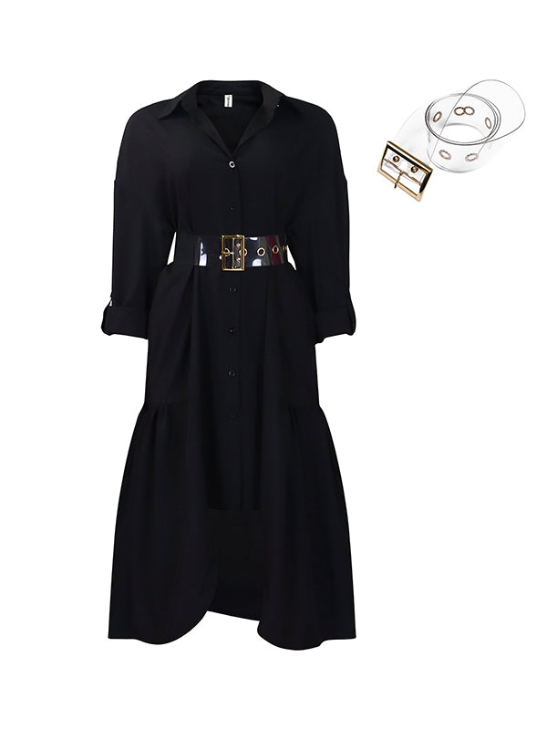 Pleated Split-Joint Tied Waist High-Low Loose Lapel Shirt Dress Midi Dresses
