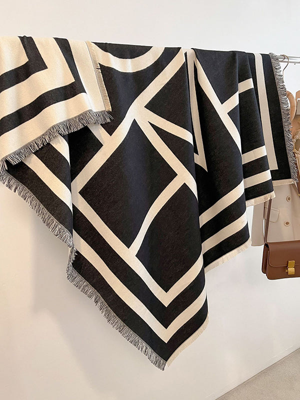 Contrast Color Fringed Keep Warm Printed Striped Shawl&Scarf