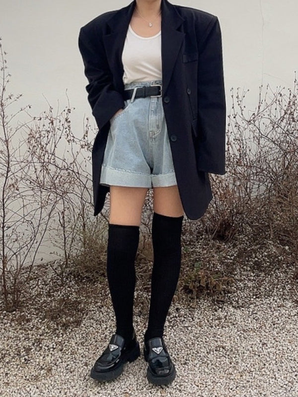 Belted Buttoned Pockets Split-Joint High Waisted Loose Denim Shorts