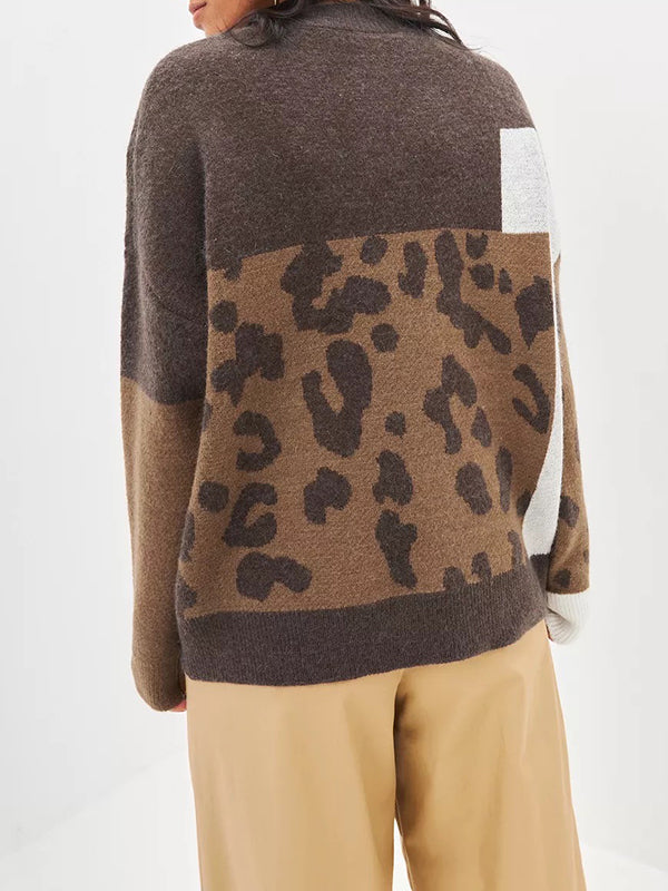 Contrast Color Leopard Split-Joint Long Sleeves Loose Round-Neck Sweater Tops Pullovers