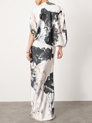 Batwing Sleeves Loose Asymmetric Floral Printed Split-Joint Split-Side One-Shoulder Evening Dresses Maxi Dresses