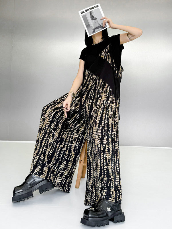 Asymmetric Contrast Color Printed Split-Joint Loose Sleeveless Spaghetti-Neck Overalls