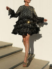 Layered Ruffled Sequined Long Sleeves Loose Round-Neck Mini Dresses